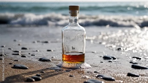 A clear glass bottle filled with a bright golden yellow liquid stood gracefully on the wet sandy shore, bathed in natural sunlight. The gentle waves of the sparkling ocean slowly receded and rose.