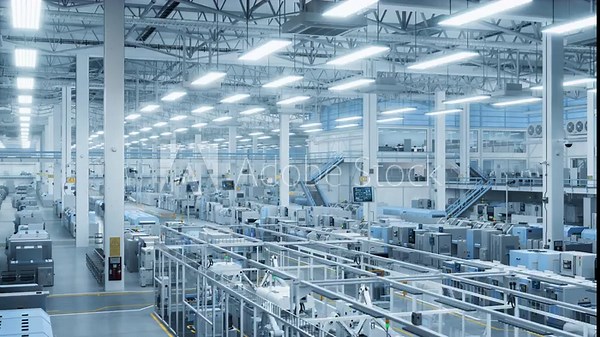 Robotic Arm Conveyor Line Manufacturing Industrial Electronic Devices. Aerial Establishing Shot with Automated AI Assembly Line Producing High-Tech Products for IT Industry. Wide Shot Stock Video