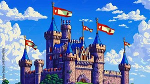 Pixel Art Animation of a Medieval Castle with Flags Waving Majestically - 4K
