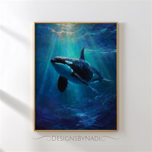 Orca Art Print, Killer Whale Ocean Painting, Dramatic Underwater Sea Life Artwork, Blue Marine Life Wall Art - Etsy