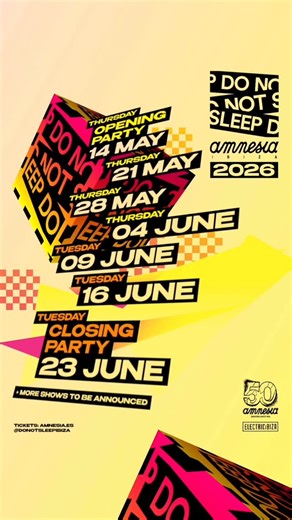 Amnesia Ibiza on Instagram: "💥DO NOT SLEEP is back at Amnesia! Every week in May and June on the Terrace as part of our 50th birthday celebrations. Rave culture is all about peace, love, unity and respect. Can’t wait to see you on the dancefloor. Check our Stories for a big surprise🤫 🎟️ Tickets on sale now!"