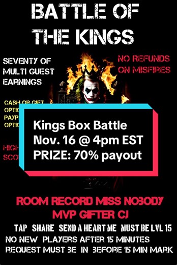 This Saturday Nov. 16th at 4pm eastern time b-radz box battles presents: the Kings Battle (all male) & prize is 70% Multiguest Earning CASH PAYOUT. Top 4 scores go on to battle for 100% CASH PAYOUT game on Nov. 29th game. Do you have what it takes to come out as the KING of the room if so bring your team and claim the throne 🖤. Please LIKE, SHARE, & REPOST. Thank you everyone for your continued support of my live let’s all continue to grow #fyp #livefest #boxbattle #kings #viral