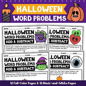HALLOWEEN MATH WORD PROBLEMS | ADDITION AND SUBTRACTION WORKSHEETS
