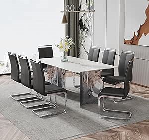 Glass Dining Table Set for 4,63" Kitchen Table Set with Faux Marble Top & Chrome Legs,White Dining Room Table and Chairs Set,Modern Dining Room Table Set with Chairs,5 Piece White Dining Table Set