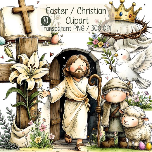 Easter Christian Clipart Bundle: 20 PNG Elements With Jesus, Cross, Dove & Bible, 300DPI Transparent - Etsy