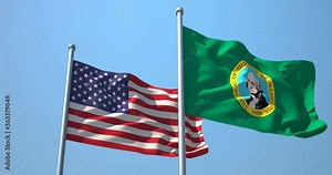 Washington flag and the USA on a flagpole realistic wave on wind not synchronously, solid background. The State of Washington in The United States of America. Olympia. Seattle.