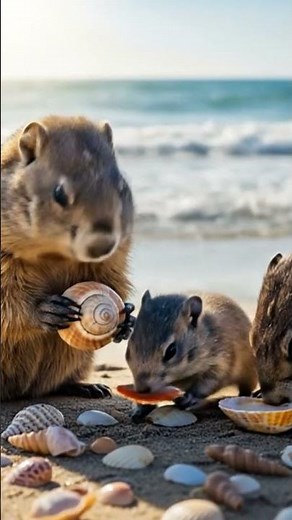 Marmot Family Collecting Seashells on the Beach 🐚🌊 #Marmot #MarmotFamily #BeachDay