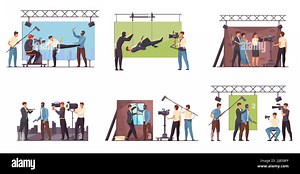 Movie production compositions flat set of video shooting scenes in pavilion and outdoors isolated vector illustration Stock Vector Image & Art - Alamy