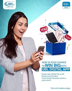 Who says you can't win every week? Transact through UBL Digital App and get a chance to WIN exciting prizes on a weekly basis! Simply perform a Utility Bill Payment, Mobile Top-up and an Inter-Bank Funds Transfer (IBFT) transaction from your UBL Digital App to enter a lucky draw and win “Gift Vouchers” worth Rs.5000/- of your favorite brands every week. That’s not all. By performing these four transactions, you will also become eligible to win a bumper prize of an “iPad” at the end of the campai