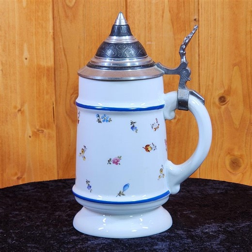 Authentic German Beer Stein Hand Painted Floral Blue Stripe Vintage Stein 8 Inch Collectible Barware Gift - Etsy