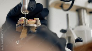 close up professional laboratory for the production of dental protoses veneers and crowns a specialist adjusts a crown to the shape of a person's jaw gums professional equipment