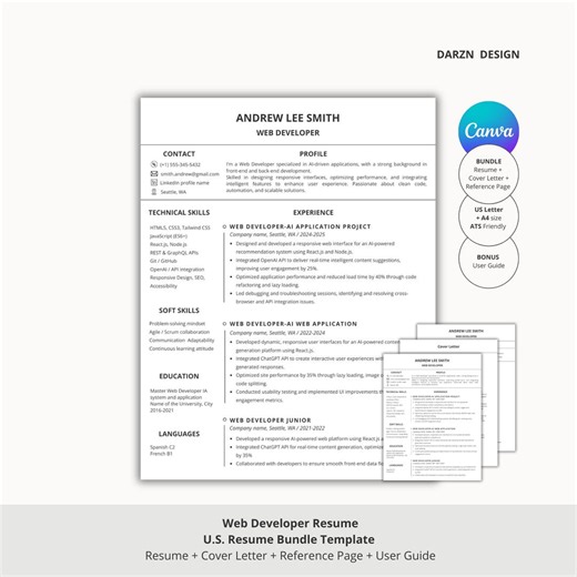 Web Developer Resume & Cover Letter Bundle | ATS Friendly Resume Template   Reference Page | Frontend Backend Full Stack Developer - Etsy