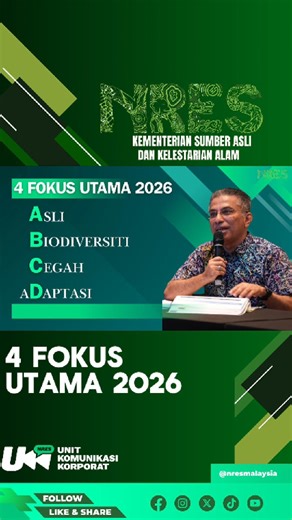 𝐄𝐌𝐏𝐀𝐓 𝐅𝐎𝐊𝐔𝐒 𝐔𝐓𝐀𝐌𝐀 𝐍𝐑𝐄𝐒 𝐏𝐀𝐂𝐔 𝐀𝐆𝐄𝐍𝐃𝐀 𝐊𝐄𝐋𝐄𝐒𝐓𝐀𝐑𝐈𝐀𝐍 𝟐𝟎𝟐𝟔 Timbalan Menteri Sumber Asli dan Kelestarian Alam, YB Tuan Syed Ibrahim bin Syed Noh menekankan empat fokus utama NRES bagi tahun 2026 yang dirangkumkan menerusi pendekatan ABCD sebagai panduan hala tuju kementerian. Pendekatan ABCD merangkumi aspek Asli yang menekankan pengurusan serta pemeliharaan sumber asli negara secara mampan di samping Biodiversiti yang memberi fokus kepada usaha melindungi kep