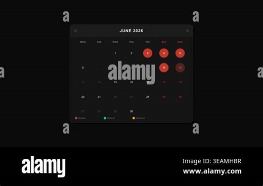 Dynamic animation of a dark mode calendar interface showing the process of selecting check-in and check-out dates for an online booking or reservation system. Displays reserved days Stock Video Footage - Alamy