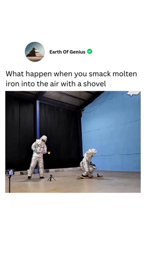 Earth Of Genius on Instagram: "Molten iron reaches about 1500°C. When struck with a shovel, droplets scatter through the air. Each drop reacts with oxygen, forming iron oxide and releasing more heat. This oxidation makes the droplets glow bright orange or white. The sparks are not magic, they are tiny burning bits of iron that solidify into dark iron oxide spheres as they cool. via : SUSHIRAMEN-Riku/YT 👏🏻🙏🏻 #experiment #fyp #didyouknow #viral #knowledge #history #didyouknow #fyp #innovation 