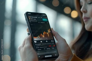 Woman Analyzes Stock Market Trends on Smartphone App, Checking Investment Portfolio