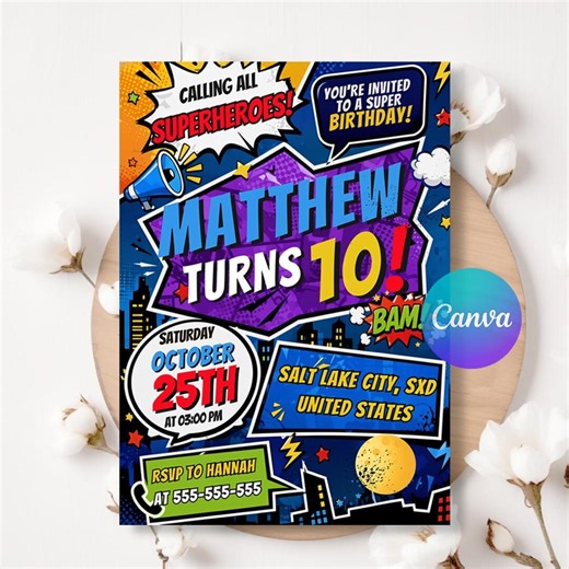 Editable Super-heros Birthday Invitation, Comic Book Birthday Invitation, Editable Canva LA680 - Etsy