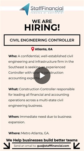[JOB ALERT] Civil Engineering Controller - Atlanta, GA - $150K–$170K base plus bonus, fully paid benefits, and 3 weeks of vacation. Apply here: https://lnkd.in/gDGEN6zV Who: A confidential… | Staff Financial Group
