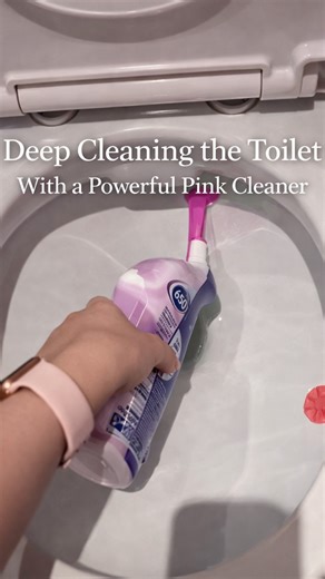 Deep cleaning the toilet with a powerful pink cleaner