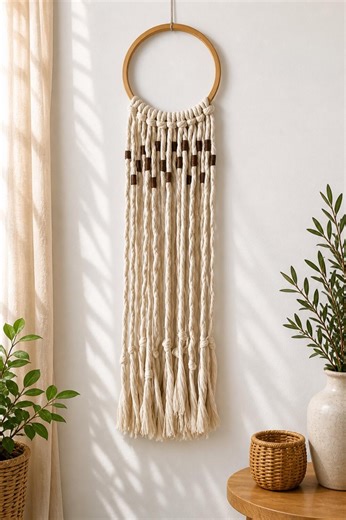 Boho Macrame Wall Hanging with Wooden Beads, Large Bohemian Wall Decor, Handmade Macrame Wall Art, Neutral Fiber Wall Hanging, Living Room