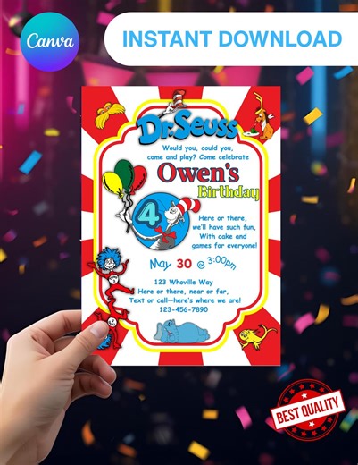 Dr. Seuss Birthday Invitation | Cat Hat Kids Party Template (digital Download) - Etsy