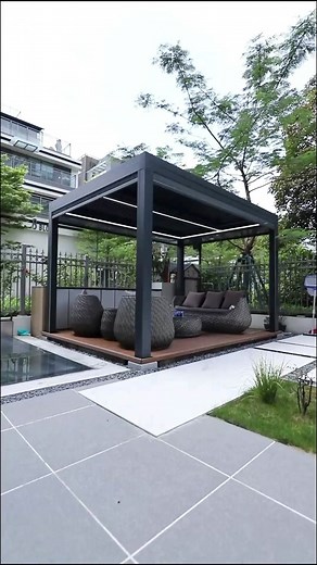 Motorized rain and shade gazebo.#foryou #fyp #viral #aluminumpergola #gazebo #pergolacanopy #outdoorpergola #outdoorfurniture #pergola #gazabo #housegate #electriccurtains #gate