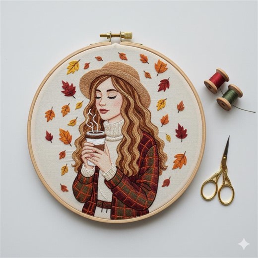 Girl in Fall Hand Embroidery Pattern: Floral Ornament Pattern, Instant Download (PDF Template) - Etsy