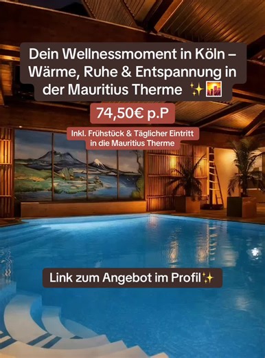 ❄️ Dein Thermen-Wellnessurlaub in Köln – Wärme, Ruhe & Großstadtflair 🧖‍♀️✨ ✅ Zentrale Lage in Köln – City entdecken & abends entspannen 🏙️🤍 ✅ 3.500 m² Thermenlandschaft mit Pools, Saunen & Dampfbad 🔥💦 ✅ Textilfreie Therme mit Innen- & Außenpools für pure Entspannung 🧖‍♀️🌿 ✅ Wellness & Städtereise perfekt kombiniert – Erholung nach dem Sightseeing ✨ ✅ Ideal für alle, die Wellness lieben, aber auf Citylife nicht verzichten wollen 🖤 🔥 Jetzt buchen & deine Wellnessauszeit in Köln genießen 