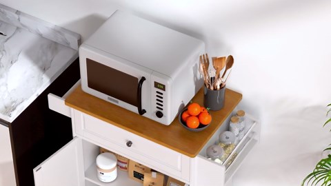 5-in-1 Mobile Kitchen Island Cart with Drawer, Cabinet, Spice Rack, Towel Bar & Adjustable Shelf | 33" White & Oak Rolling Kitchen Cart