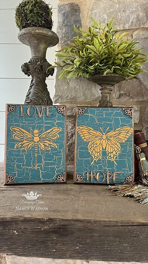 Fantastic little project idea from @nancybeedesigns 🌟 ⭐️ Put Pentart 3D glue paste through our “Flying Critters” stencil ⭐️ let glue set ⭐️ apply Pentart decor foils over the raised glue ⭐️ add more embellishments of your choice And Voila! Why not try it yourself? 😉 you can also add little hooks to your plaques and make them in to handy key or necklace holders! | Decoupage Queen