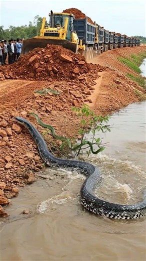 Bulldozer Road Construction Interrupted by Giant Snakes Crossing the Canal