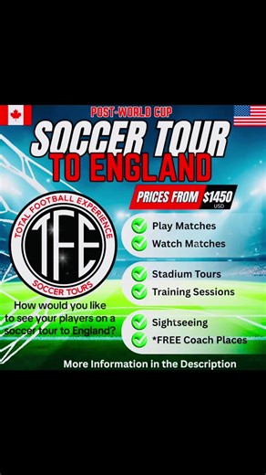 At Total Football Experience Soccer Tours, we specialise in customised soccer tours to England for teams from the USA and Canada. Every tour is fully bespoke, with no set dates, no fixed itineraries, and no off-the-shelf packages. Each experience is designed around the goals, needs, and budget of your group. As a guide, a 7-night soccer tour starts from $1,450 USD / $2,100 CAD per player plus flights, with final pricing depending on group size, tour length, and itinerary content. The organising 