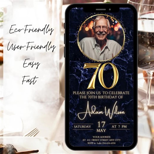 Animated Navy Blue 70th Birthday Photo Invitation, Editable Text Gold Glitter 70th Birthday Dinner Invite, Digital Seventieth Bday Party - Etsy