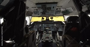 The cockpit and the control panels and the control room of the Russian cargo airplane, Antonov an-225 Mriya