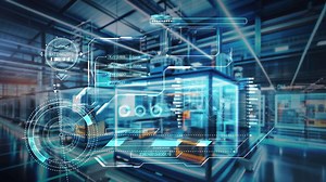 Futuristic interface controlling automated production line in smart factory