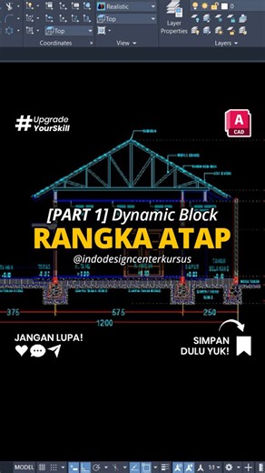 @indo_design_center_kursus on Instagram: "Cara Cepat Drafter Bikin Dynamic Block Rangka Atap Kuda-Kuda (PART 1). Capek gambar ulang tiap kali ukuran atap berubah? 😅 Bikin aja Dynamic Block-nya biar tinggal tarik grip langsung jadi! 💪 Nih, Langkah singkatnya👇 1️⃣ Siapkan Rangka Atap Kuda Kuda 2️⃣ Buat Garis Bantu dan rapihkan 3️⃣ Seleksi Semua Objek → Ketik B → ENTER → Beri Nama Blocknya → ENTER 4️⃣ Ketik BE → ENTER 5️⃣ Aktifkan Fix Geometri → Klik Garis Point 6️⃣ Seleksi Garis Bantunya 7️⃣ Kl