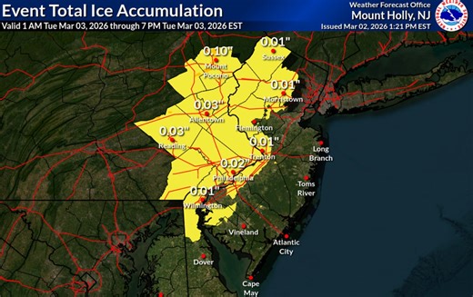 Weather alerts issued for 11 N.J. counties with dangerous ice, light snow in forecast early Tuesday