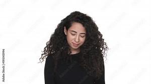 Portrait of young woman morphing into other women, different appearance of four females, isolated over white background. Facemorph concept