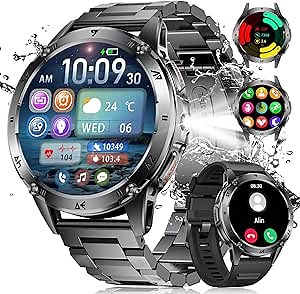 SUNKTA Military Smart Watches for Men,530mAh Large Battery,1.43" AMOLED Heart Rate/Sleep Monitor 5ATM Waterproof Smartwatch for Android iOS (Answer/Make Calls),Fitness Tracker with LED Flashlight