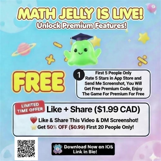 MATH JELLY IS LIVE! 🚀 Want to unlock Premium for FREE? 🎁 FREE PREMIUM: First 5 people to rate us 5-stars on the App Store & DM a screenshot get a free code! 🔥 50% OFF: First 20 people to LIKE SHARE this video get it for only $0.99! Download link in Bio! 🔗🏃💨 #MathJelly #NewApp #MobileGaming #Freebie #MathIsFun