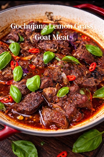 Spicy Gochujang Lemongrass Oven-Braised Goat Meat Ingredients • 700 g goat meat (bone-in pieces preferred) • 2 tbsp Gochujang paste • 1 tbsp lemongrass paste • 2 tbsp Soy sauce • 1 tbsp Oyster sauce • 1 tsp Beef bouillon seasoning • 2 fresh chili peppers, (one sliced) • 1 tbsp brown sugar • Handful fresh basil leaves(I used purple and Green basil) • 250 ml water Instructions 1. Preheat Preheat oven to 160 °C (320 °F) Low heat is important for breaking down the connective tissue in goat 2. Make t