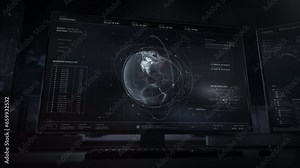 Global-search For A Future Computer Analysis With Advanced Surveillance Program. Futuristic Computer Spying System Used In A Target Location Analysis. High Tech Future Computer Analysis Process.