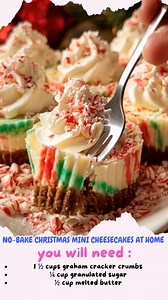 No-Bake Christmas Mini Cheesecakes at Home Festive No-Bake Christmas Mini Cheesecakes with Creamy Peppermint and Holiday Charm Ingredients: For the Crust: 1 ½ cups graham cracker crumbs ¼ cup granulated sugar ½ cup melted butter For the Cheesecake Filling: 16 oz (2 packages) cream cheese, softened ½ cup powdered sugar 1 teaspoon vanilla extract 1 cup heavy whipping cream, whipped to stiff peaks ½ teaspoon peppermint extract (optional) For Decoration: Crushed candy canes or peppermint candies Whi