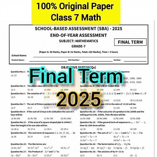 Class 7 Mathematics Final Term Paper School Based Assessment 2025 | SBA Class 7 Math Final Term