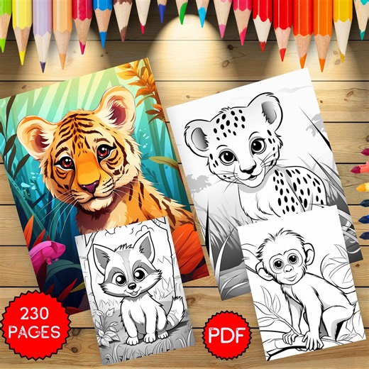 Cute Jungle Baby Animals Coloring Pages, 230 Pages Adorable Safari Designs, Printable Digital Coloring Book for Kids Fun Activity PDF - Etsy