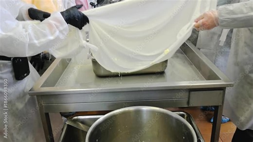 In a kitchen, participants learn how to make fresh cheese. They use basic tools and ingredients to create the cheese from start to finish. The process includes straining and handling the curds