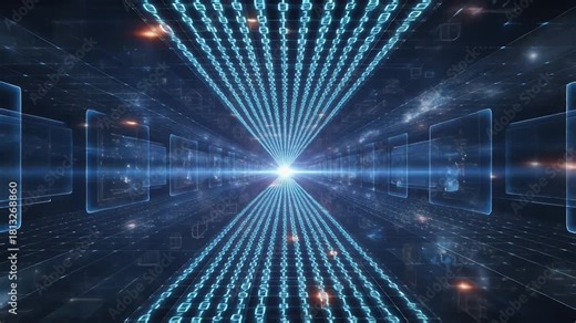 Futuristic Data Transmission Visualization with Digital Streams and Bright Light Effect in Deep Blue Environment