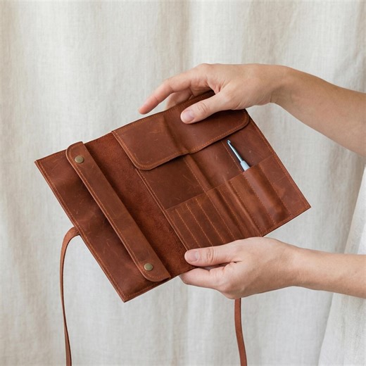 100% Genuine Leather Knitting Needle Case With Pockets, Leather Crochet Hook Case, Crochet Hook Holder, Custom Needle Case - Etsy