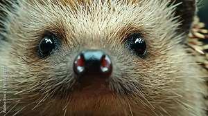 A hedgehog stares directly into the camera with its dark eyes and wet nose