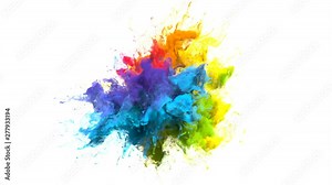 Color Burst iridescent multicolored colorful rainbow smoke powder explosion fluid ink particles slow motion alpha matte isolated on white